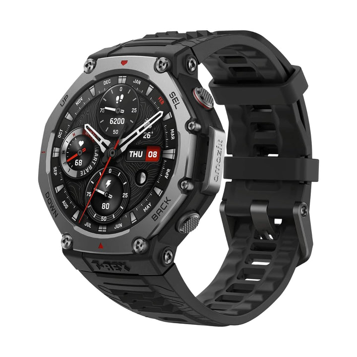 Amazfit-T-Rex-3 ساعة ذكية
ساعة Amazfit T-Rex 3 الذكية بتصميم متين ومواصفات عسكرية، شاشة AMOLED، GPS مزدوج النطاق، مقاومة للماء حتى 100 متر، وعمر بطارية طويل.